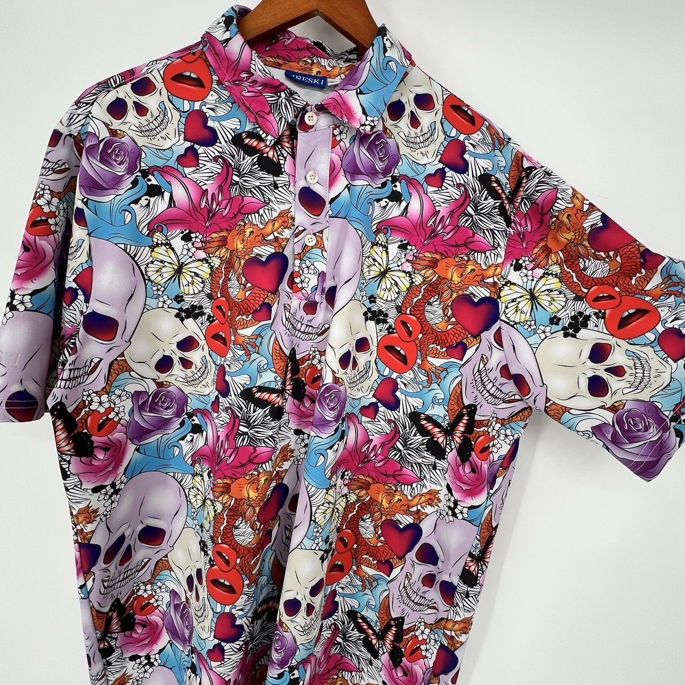 HRESKI Golf Polo Performance Shirt Pink Skulls Roses Dragon Mens‎ Size Medium